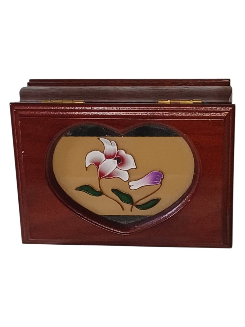 Vintage 90's Cherry Wooden Flower Heart Jewelry Box
